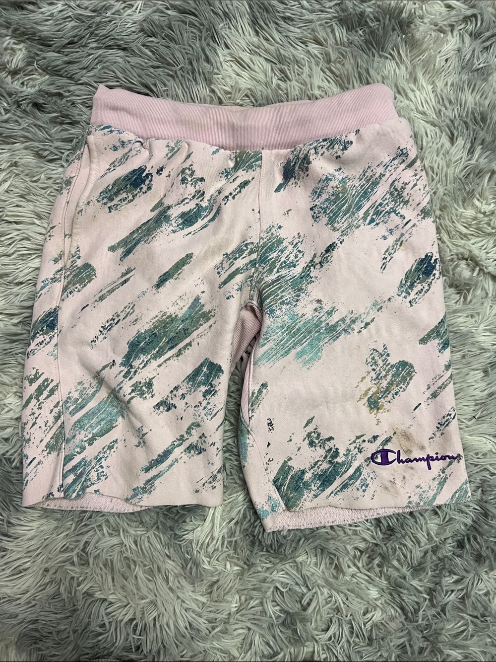 Champion Pink Shorts with Teal & Navy Brushstroke Print